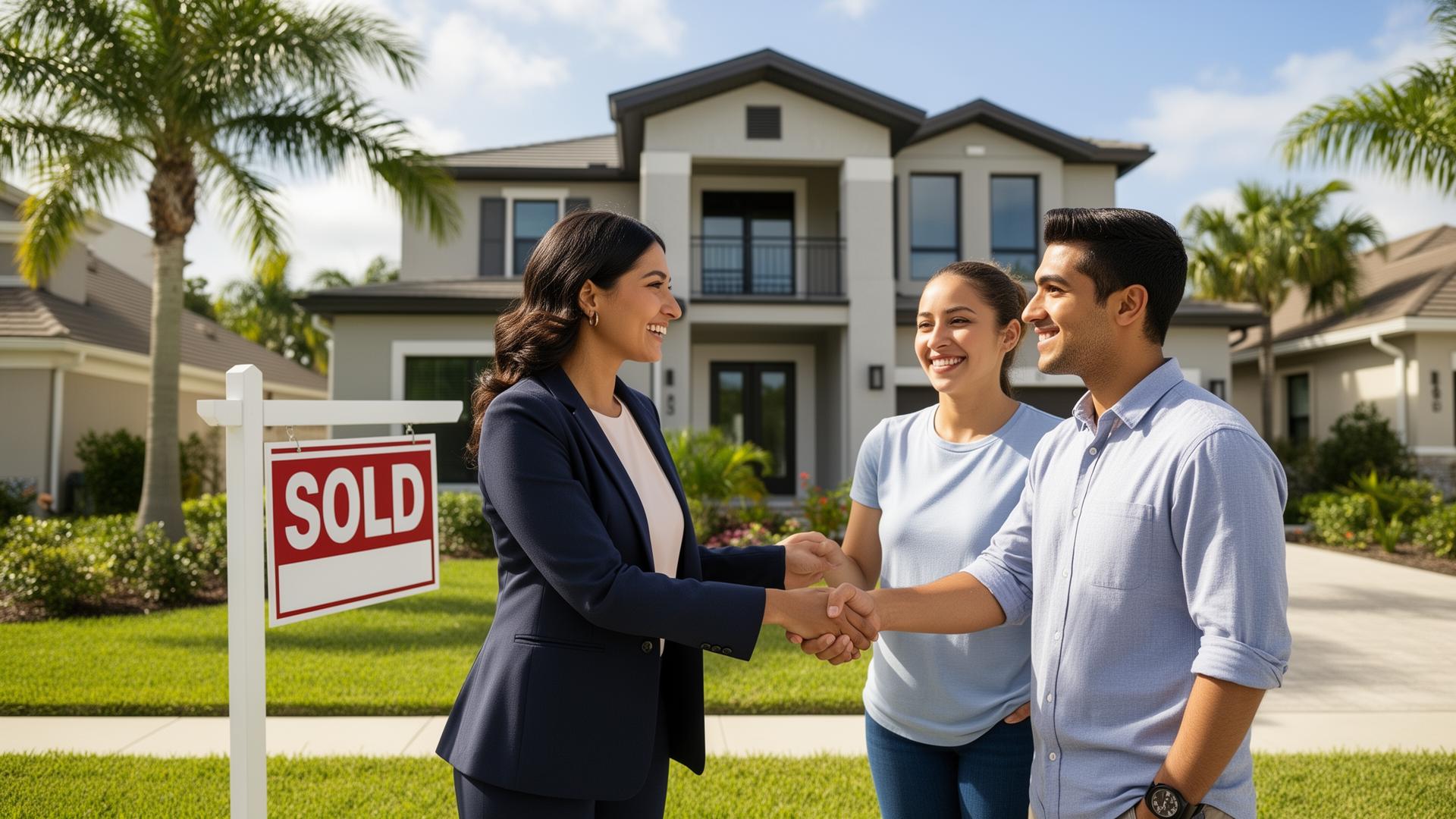 Agente AXEN entregando una casa vendida a una pareja feliz