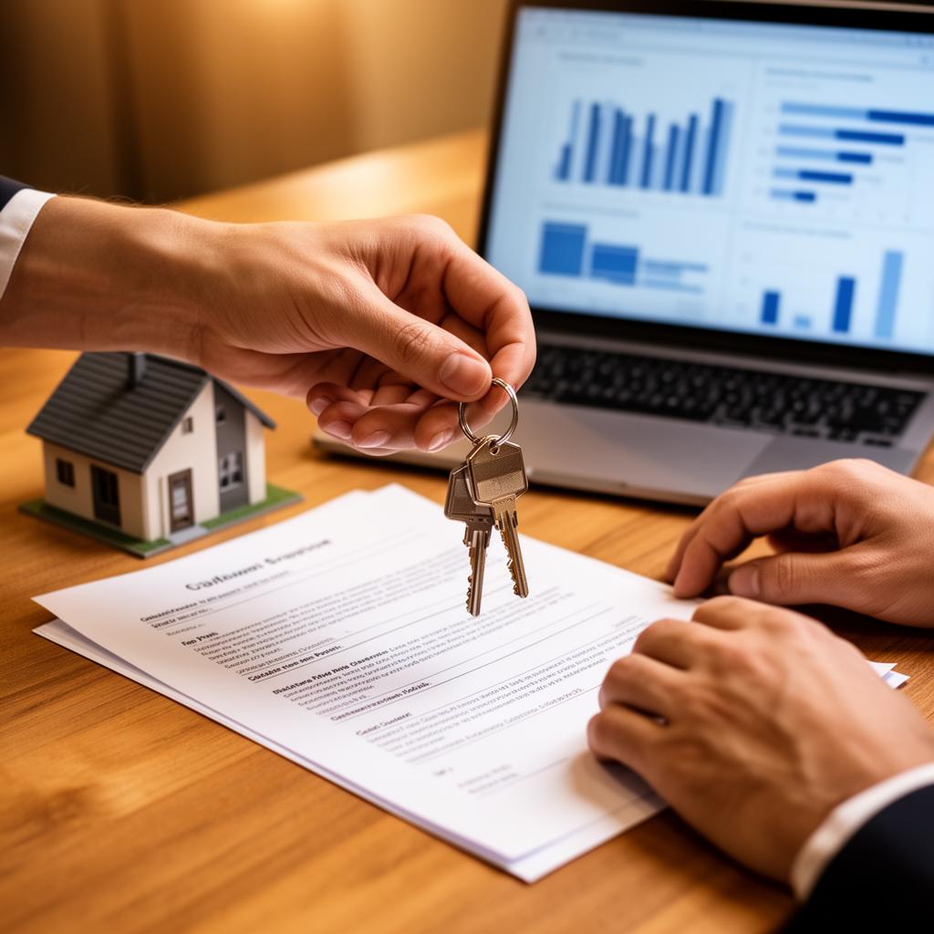 Cierre de venta inmobiliaria con llaves, contrato y reportes