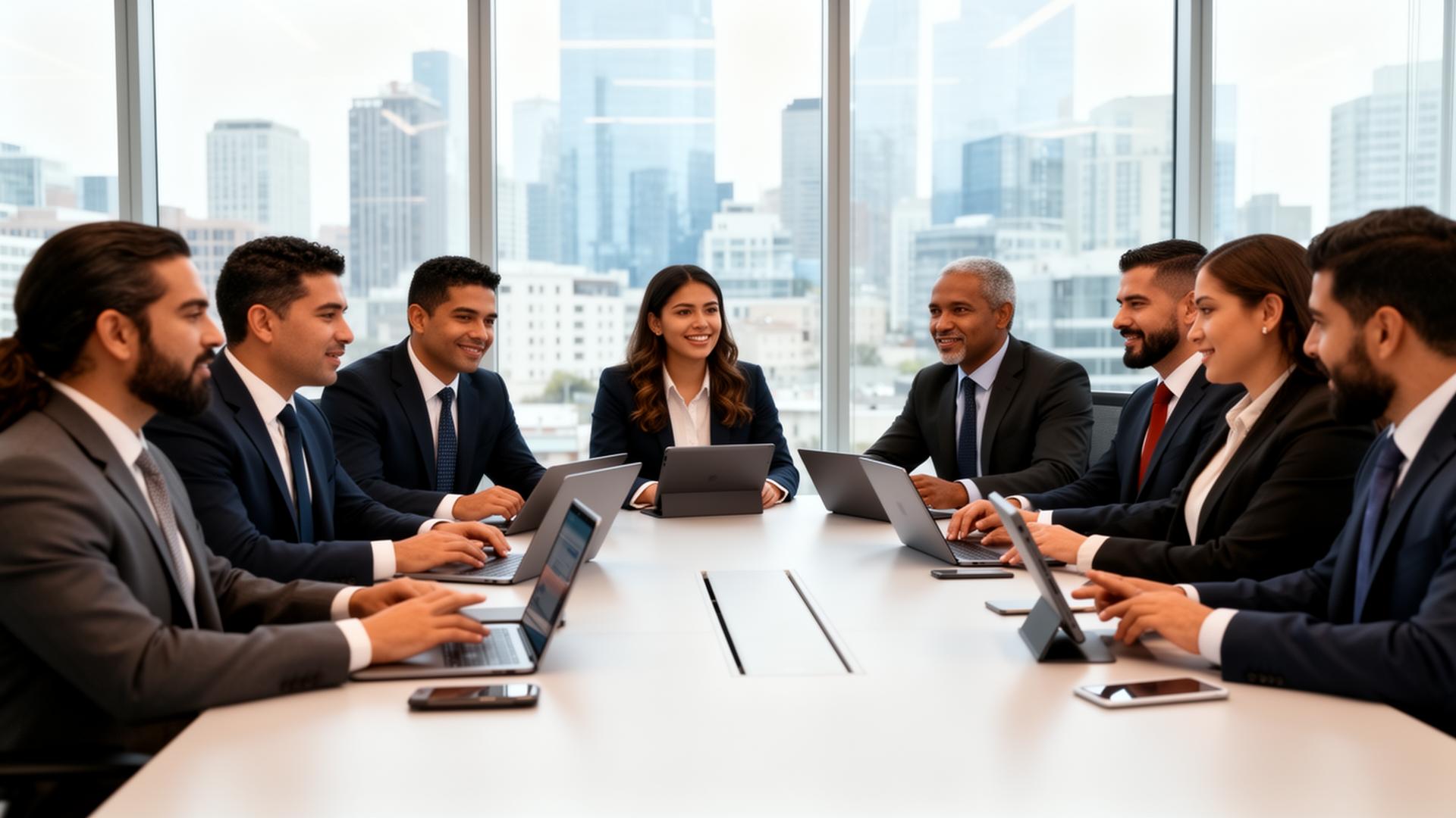 Equipo de profesionales inmobiliarios colaborando con tecnología